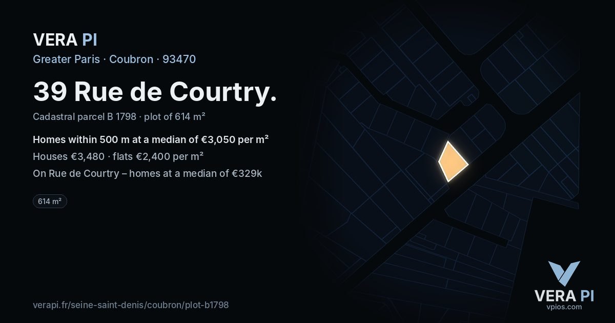 39 Rue de Courtry, Coubron at night – the plot lit, the parcels around coloured by the prices near them