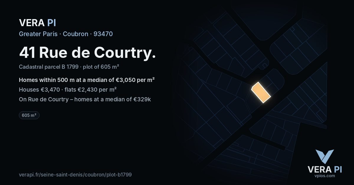 41 Rue de Courtry, Coubron at night – the plot lit, the parcels around coloured by the prices near them