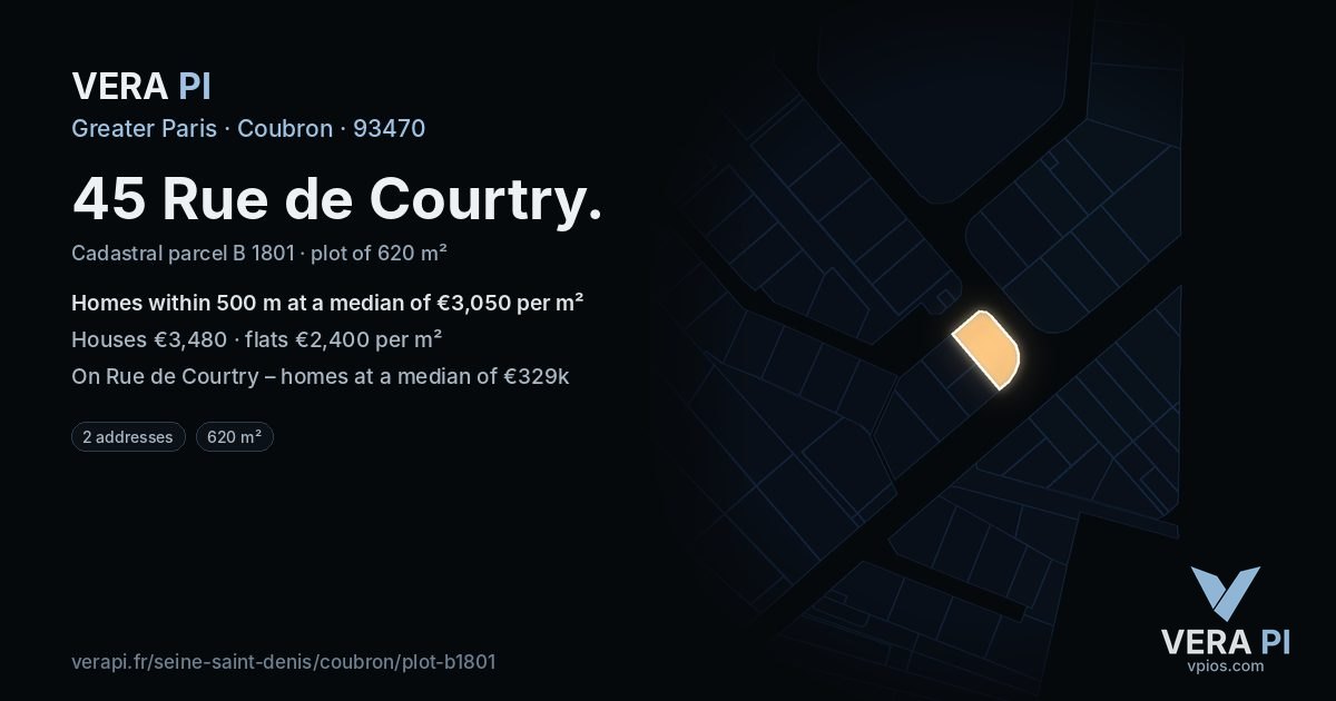 45 Rue de Courtry, Coubron at night – the plot lit, the parcels around coloured by the prices near them