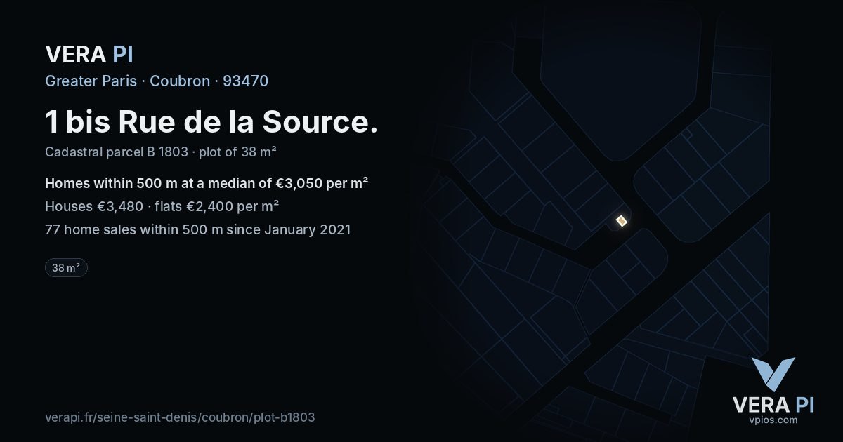 1 bis Rue de la Source, Coubron at night – the plot lit, the parcels around coloured by the prices near them