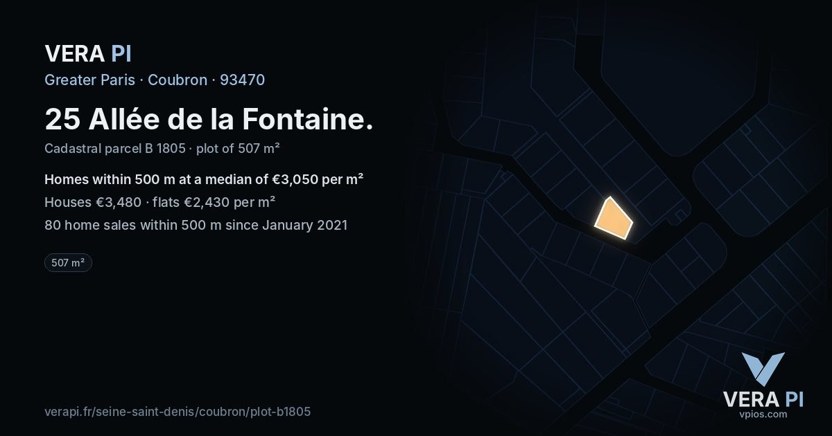 25 Allée de la Fontaine, Coubron at night – the plot lit, the parcels around coloured by the prices near them