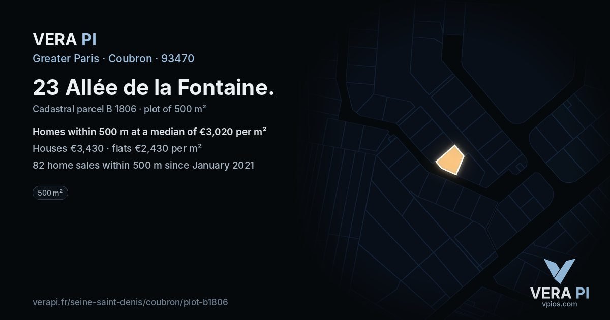 23 Allée de la Fontaine, Coubron at night – the plot lit, the parcels around coloured by the prices near them