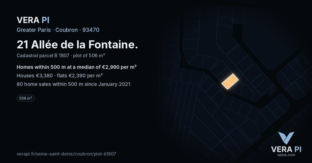 21 Allée de la Fontaine, Coubron at night – the plot lit, the parcels around coloured by the prices near them