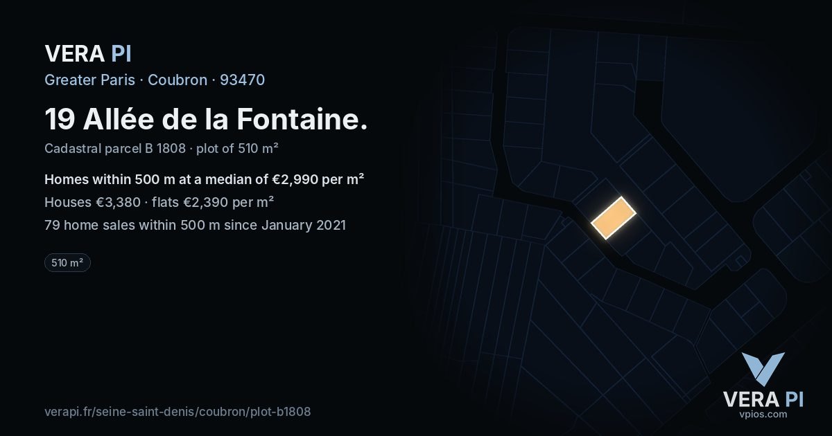 19 Allée de la Fontaine, Coubron at night – the plot lit, the parcels around coloured by the prices near them