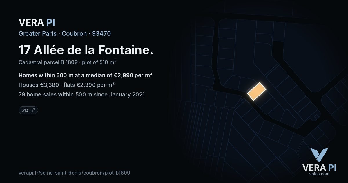 17 Allée de la Fontaine, Coubron at night – the plot lit, the parcels around coloured by the prices near them