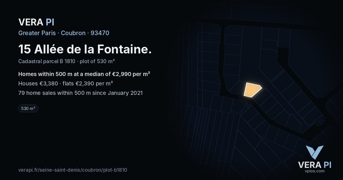 15 Allée de la Fontaine, Coubron at night – the plot lit, the parcels around coloured by the prices near them