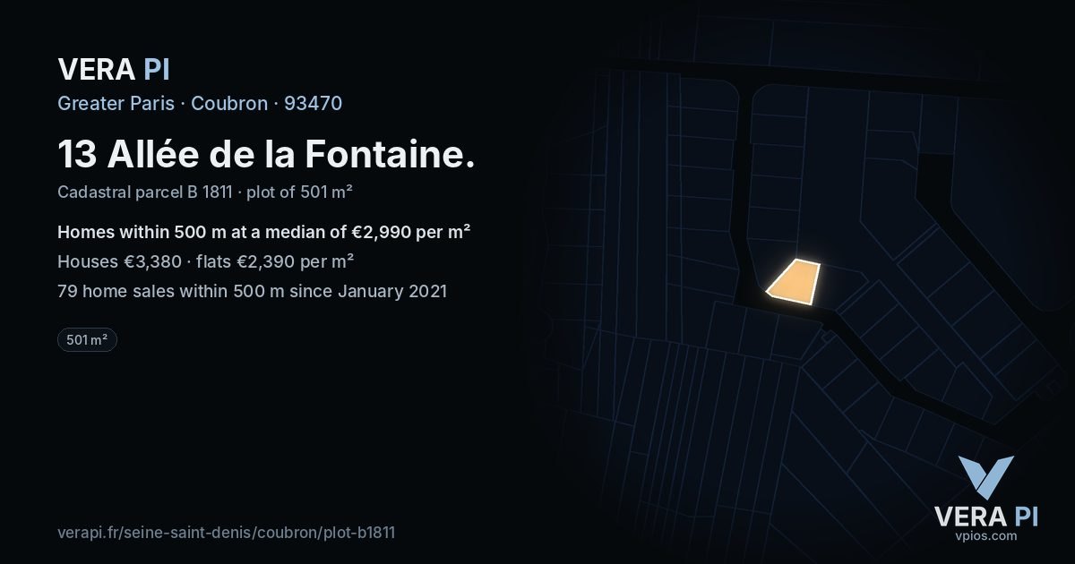 13 Allée de la Fontaine, Coubron at night – the plot lit, the parcels around coloured by the prices near them