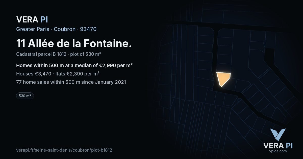 11 Allée de la Fontaine, Coubron at night – the plot lit, the parcels around coloured by the prices near them