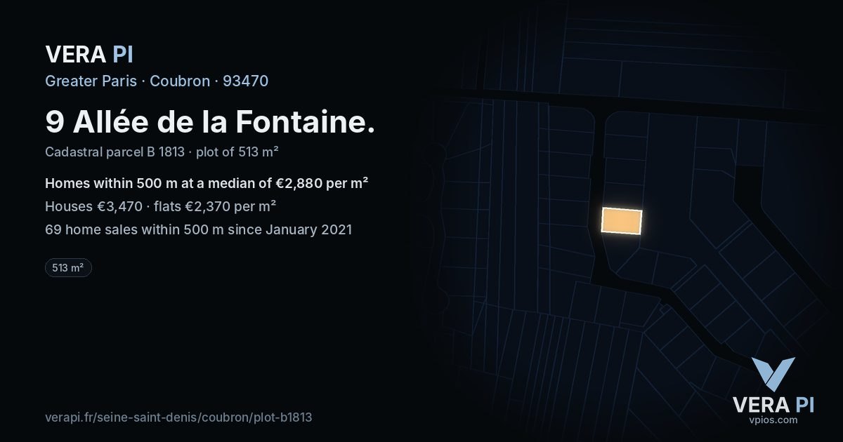 9 Allée de la Fontaine, Coubron at night – the plot lit, the parcels around coloured by the prices near them