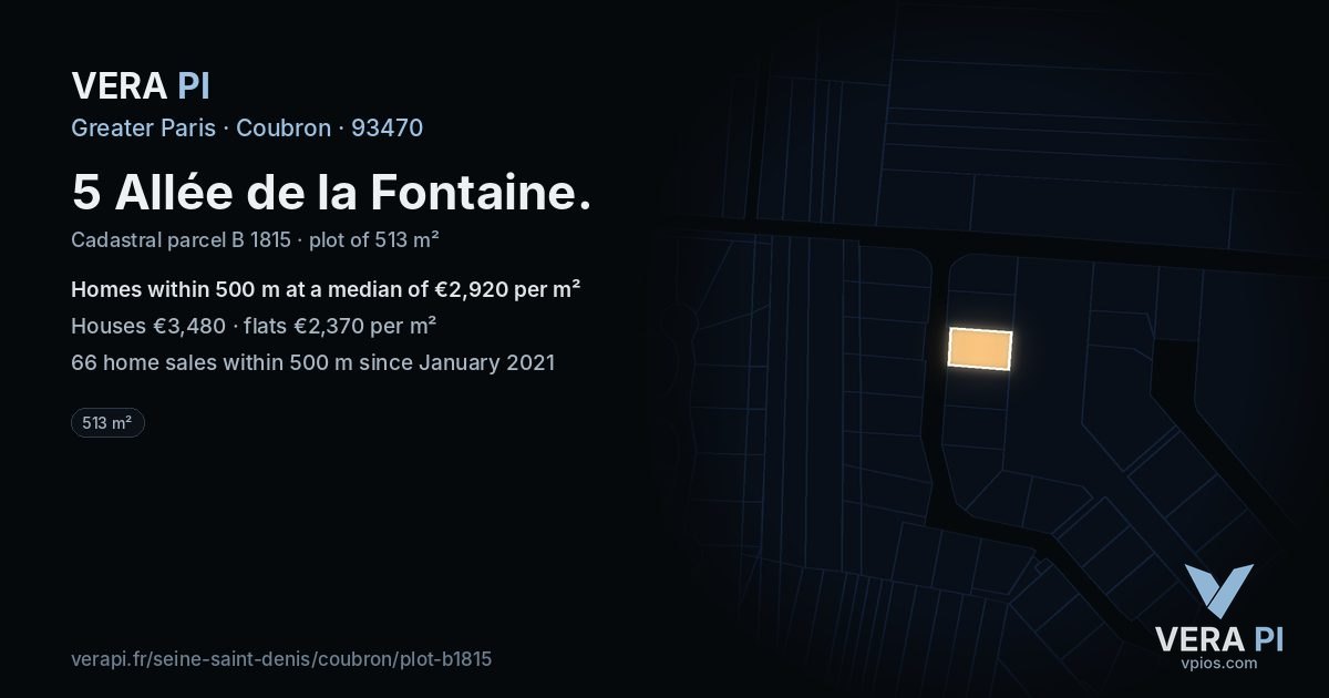 5 Allée de la Fontaine, Coubron at night – the plot lit, the parcels around coloured by the prices near them