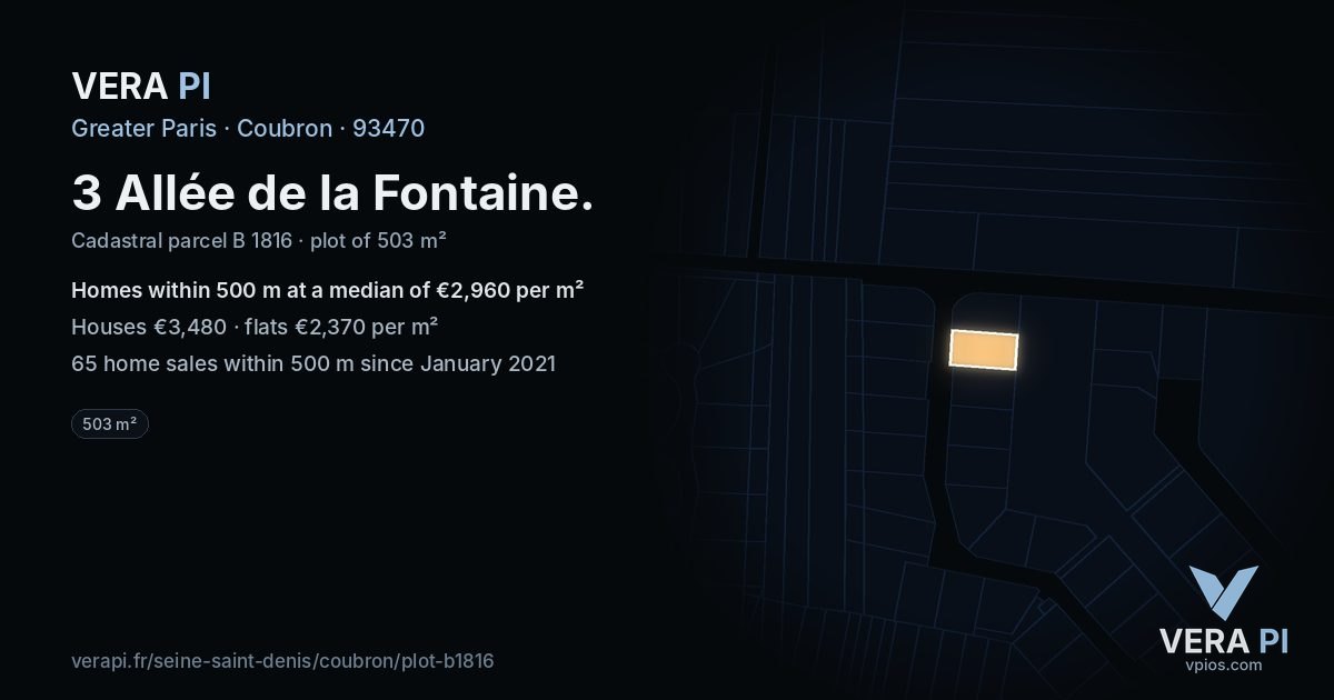 3 Allée de la Fontaine, Coubron at night – the plot lit, the parcels around coloured by the prices near them