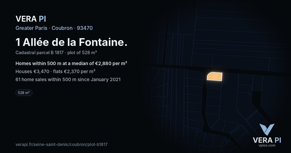 1 Allée de la Fontaine, Coubron at night – the plot lit, the parcels around coloured by the prices near them