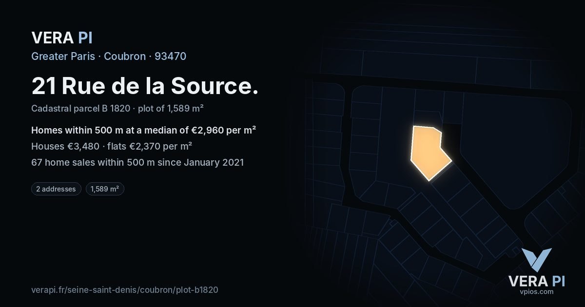 21 Rue de la Source, Coubron at night – the plot lit, the parcels around coloured by the prices near them