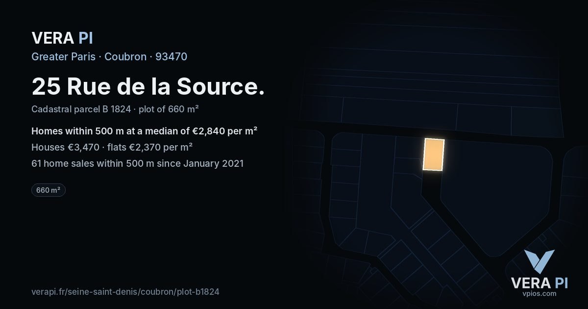 25 Rue de la Source, Coubron at night – the plot lit, the parcels around coloured by the prices near them