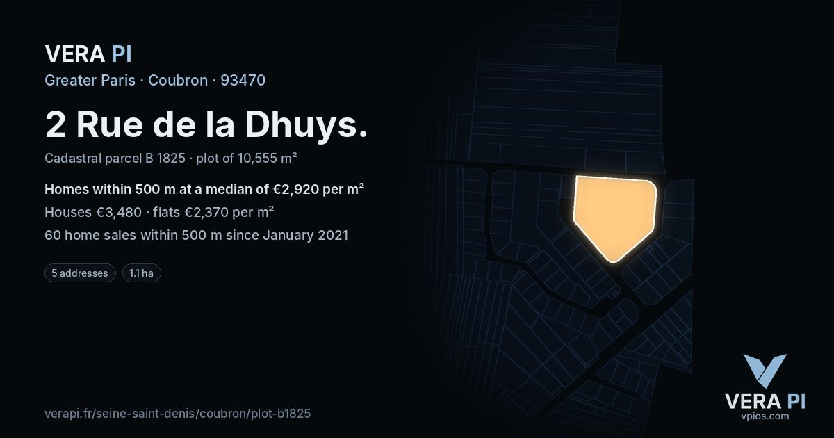 2 Rue de la Dhuys, Coubron at night – the plot lit, the parcels around coloured by the prices near them