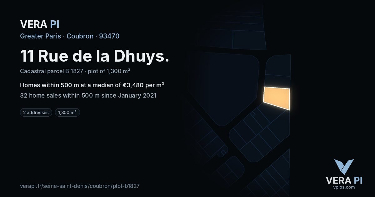 11 Rue de la Dhuys, Coubron at night – the plot lit, the parcels around coloured by the prices near them