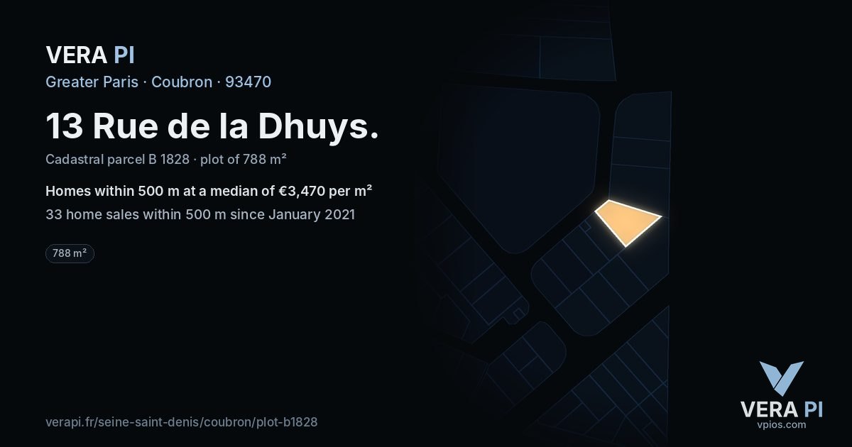 13 Rue de la Dhuys, Coubron at night – the plot lit, the parcels around coloured by the prices near them