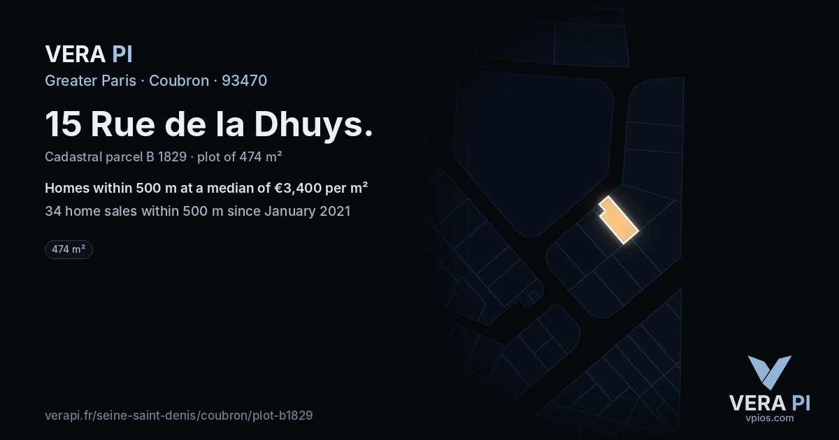 15 Rue de la Dhuys, Coubron at night – the plot lit, the parcels around coloured by the prices near them