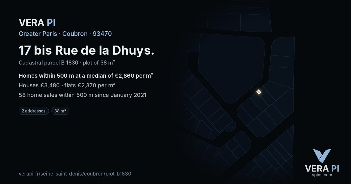 17 bis Rue de la Dhuys, Coubron at night – the plot lit, the parcels around coloured by the prices near them