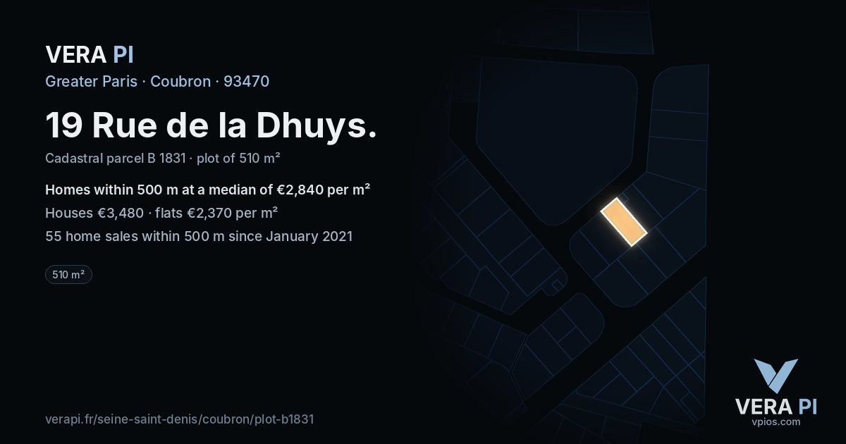 19 Rue de la Dhuys, Coubron at night – the plot lit, the parcels around coloured by the prices near them