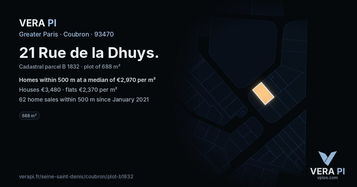 21 Rue de la Dhuys, Coubron at night – the plot lit, the parcels around coloured by the prices near them