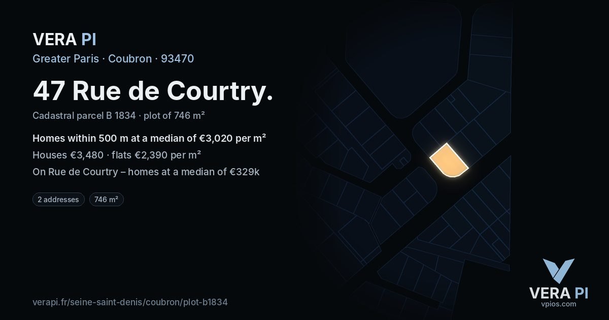 47 Rue de Courtry, Coubron at night – the plot lit, the parcels around coloured by the prices near them
