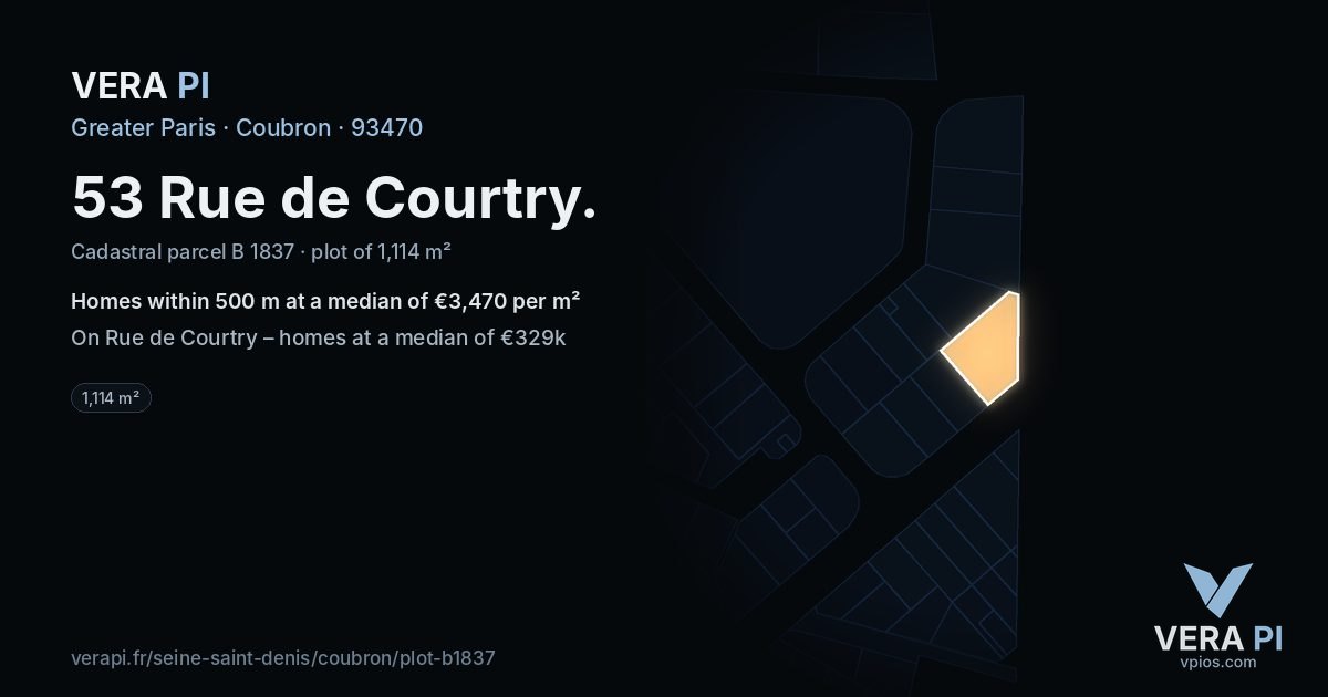 53 Rue de Courtry, Coubron at night – the plot lit, the parcels around coloured by the prices near them