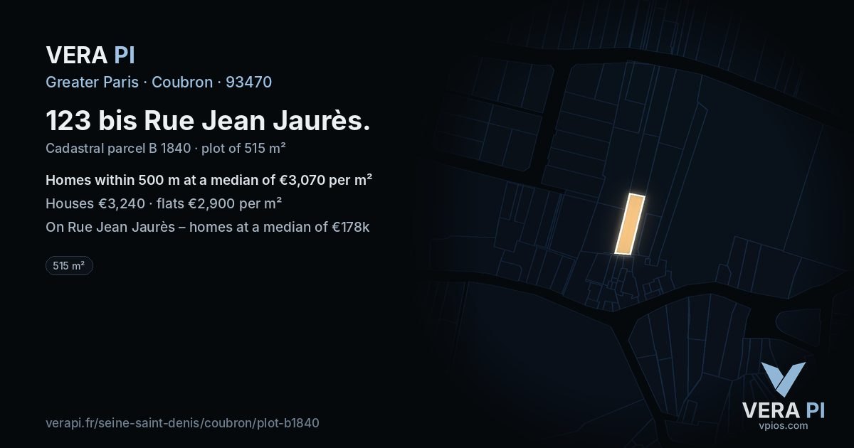 123 bis Rue Jean Jaurès, Coubron at night – the plot lit, the parcels around coloured by the prices near them