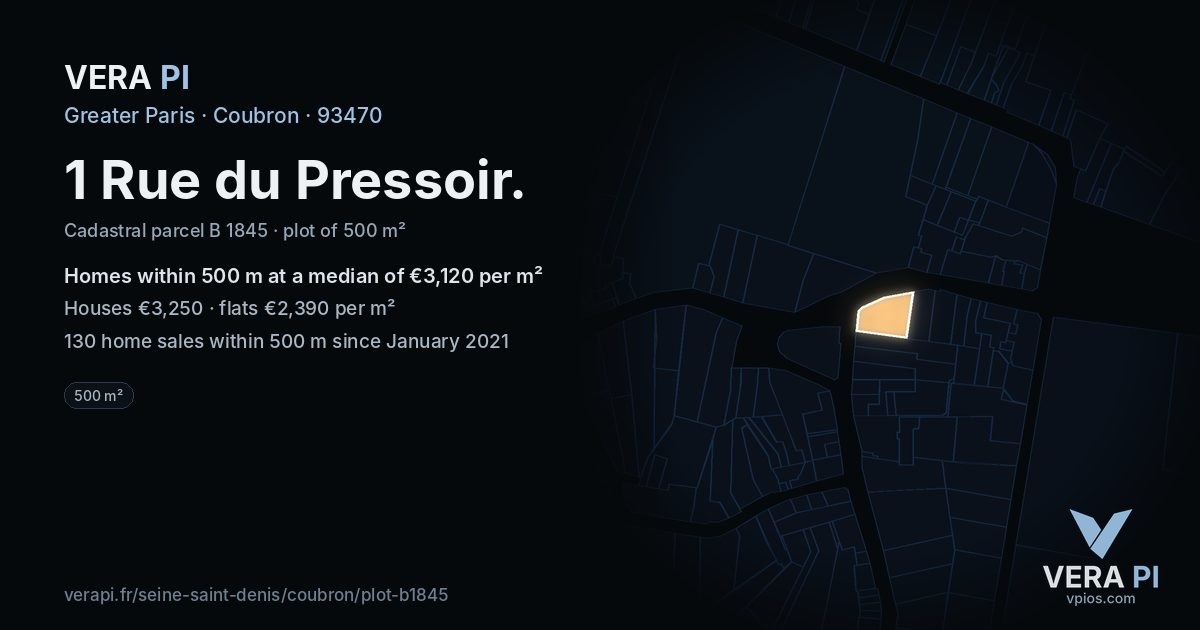 1 Rue du Pressoir, Coubron at night – the plot lit, the parcels around coloured by the prices near them