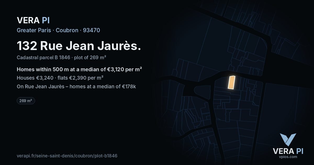 132 Rue Jean Jaurès, Coubron at night – the plot lit, the parcels around coloured by the prices near them