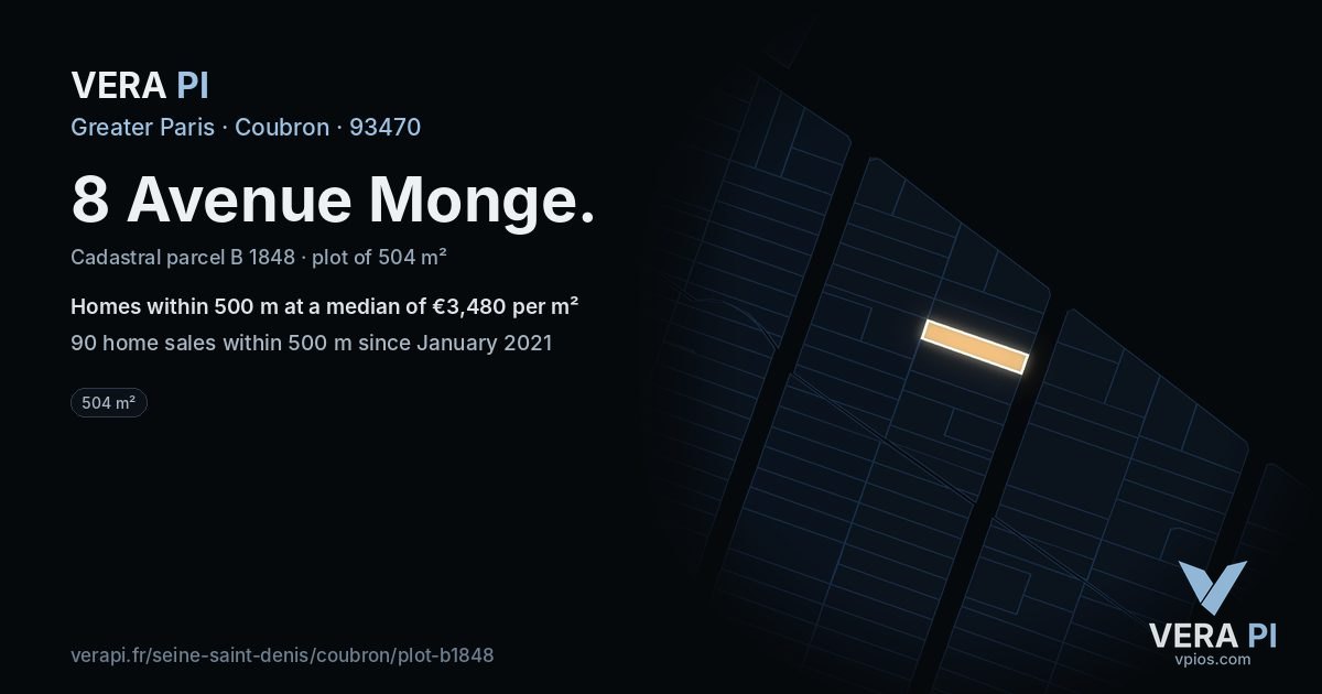 8 Avenue Monge, Coubron at night – the plot lit, the parcels around coloured by the prices near them