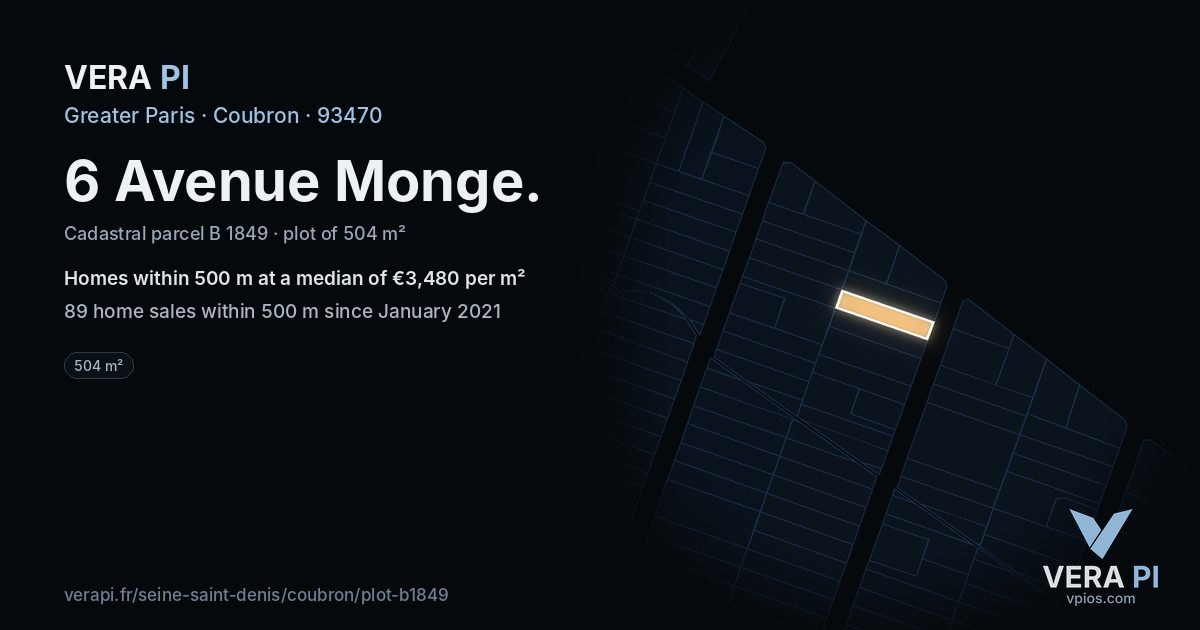 6 Avenue Monge, Coubron at night – the plot lit, the parcels around coloured by the prices near them