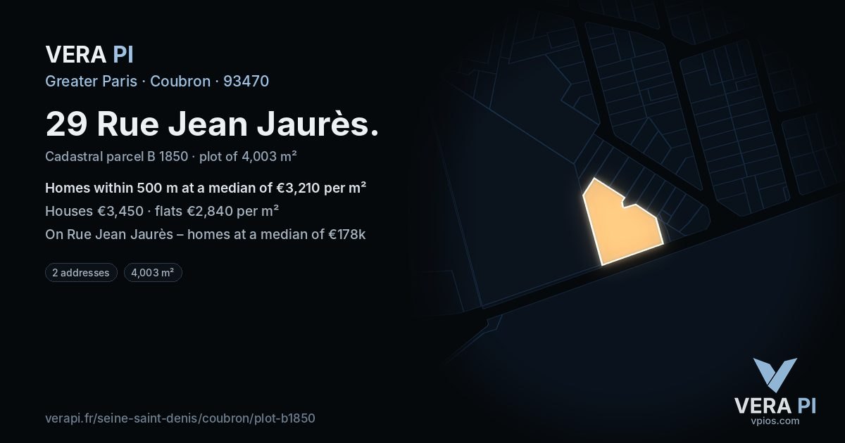 29 Rue Jean Jaurès, Coubron at night – the plot lit, the parcels around coloured by the prices near them