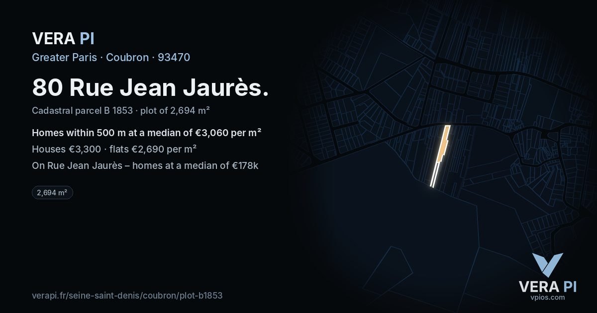 80 Rue Jean Jaurès, Coubron at night – the plot lit, the parcels around coloured by the prices near them