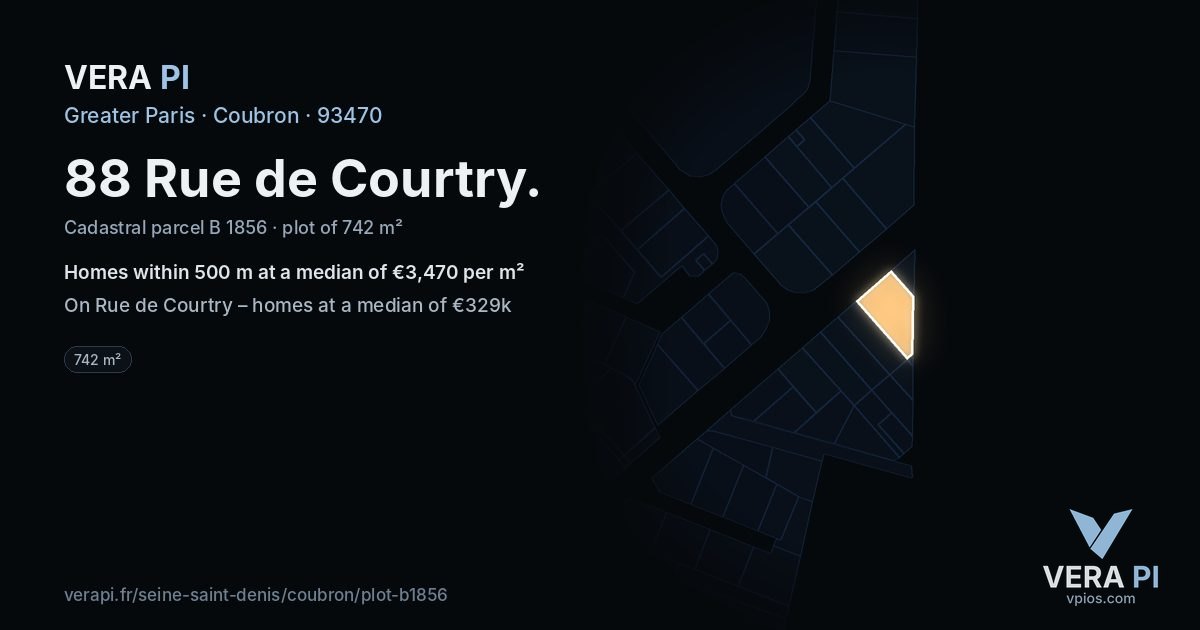 88 Rue de Courtry, Coubron at night – the plot lit, the parcels around coloured by the prices near them
