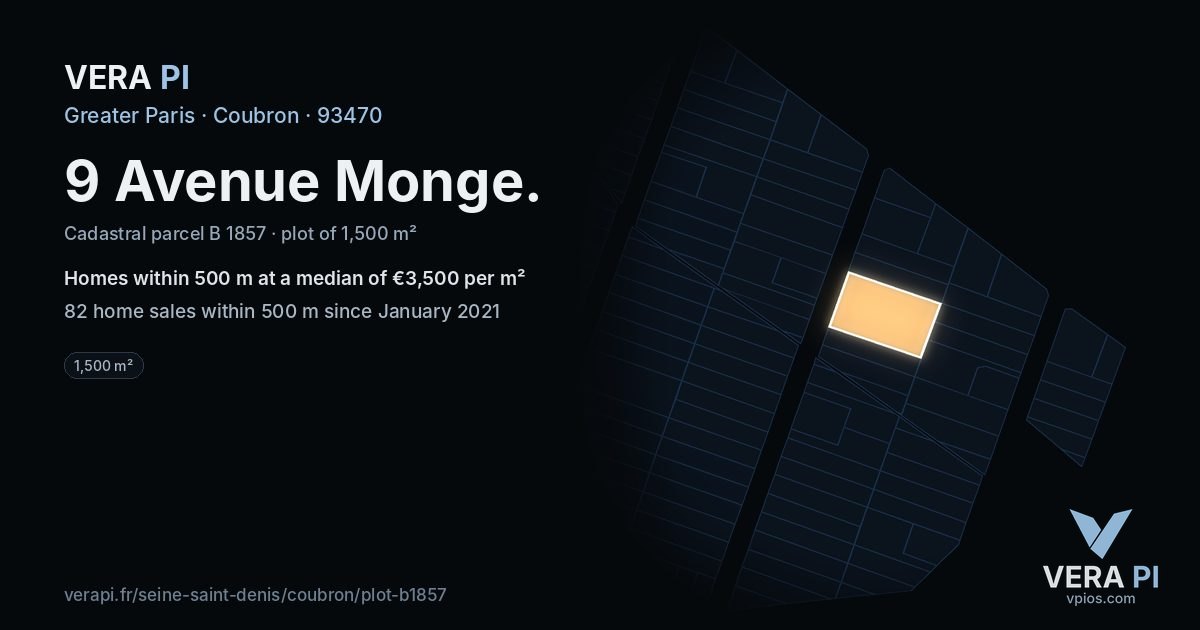 9 Avenue Monge, Coubron at night – the plot lit, the parcels around coloured by the prices near them
