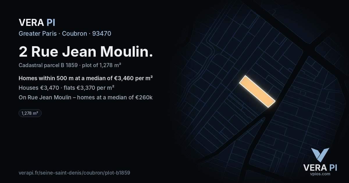 2 Rue Jean Moulin, Coubron at night – the plot lit, the parcels around coloured by the prices near them