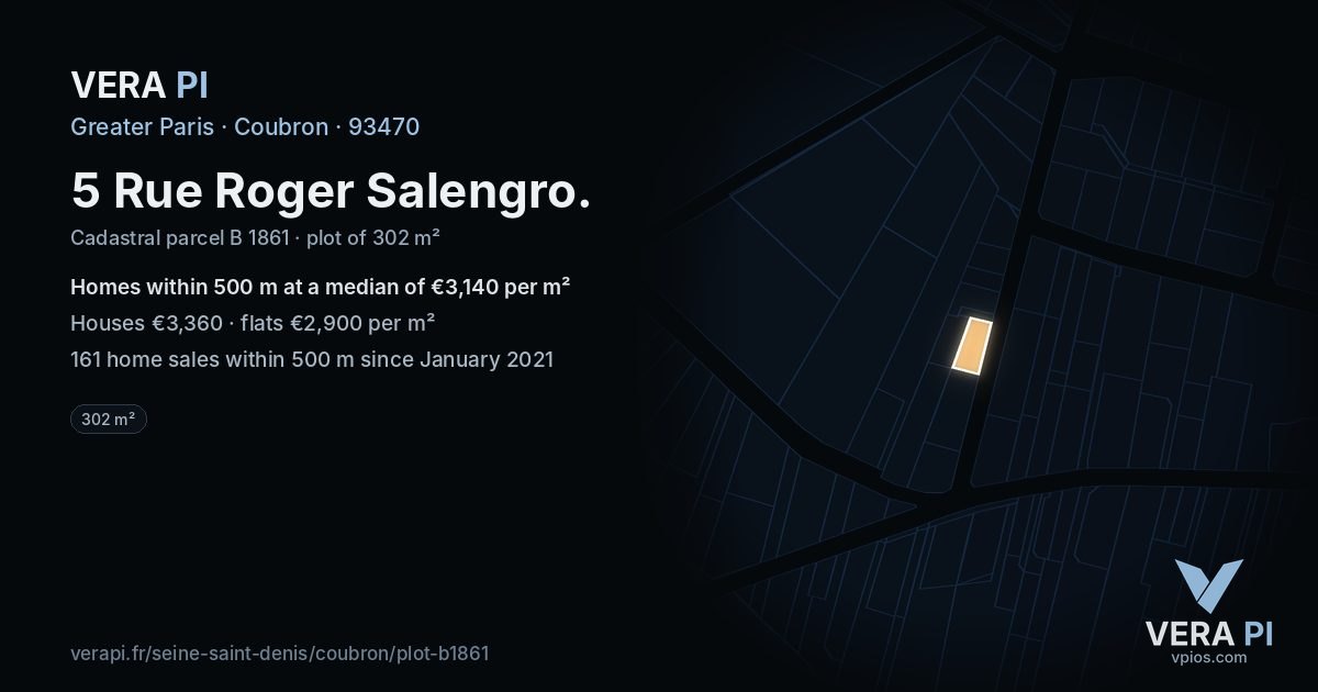 5 Rue Roger Salengro, Coubron at night – the plot lit, the parcels around coloured by the prices near them