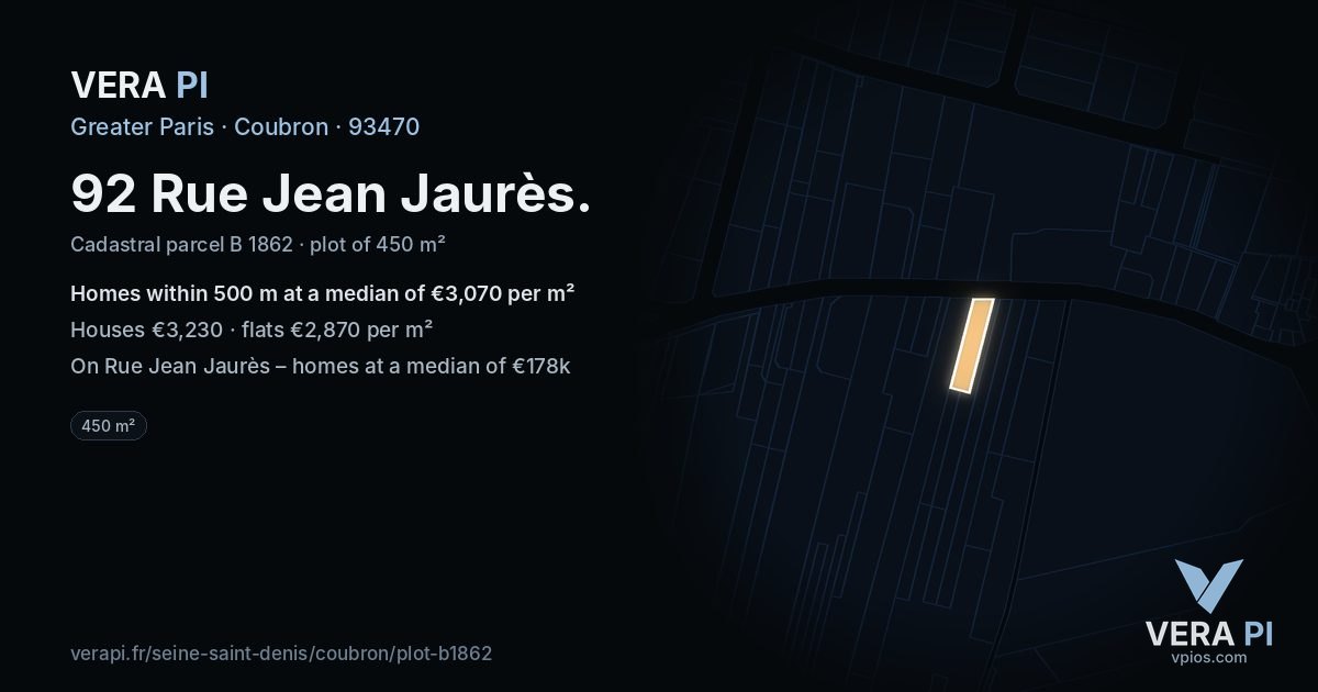 92 Rue Jean Jaurès, Coubron at night – the plot lit, the parcels around coloured by the prices near them