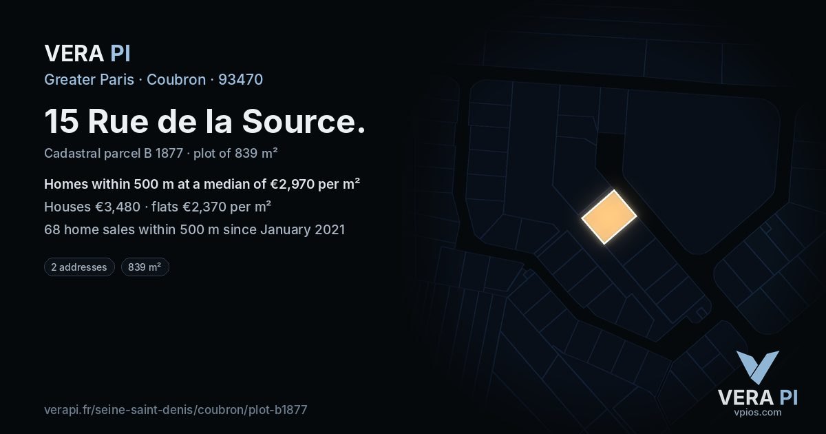 15 Rue de la Source, Coubron at night – the plot lit, the parcels around coloured by the prices near them
