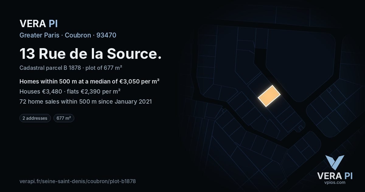 13 Rue de la Source, Coubron at night – the plot lit, the parcels around coloured by the prices near them