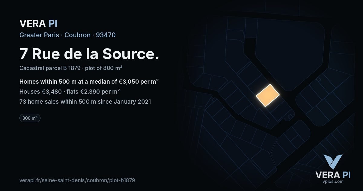 7 Rue de la Source, Coubron at night – the plot lit, the parcels around coloured by the prices near them