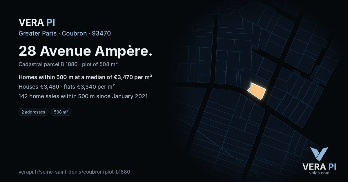 28 Avenue Ampère, Coubron at night – the plot lit, the parcels around coloured by the prices near them