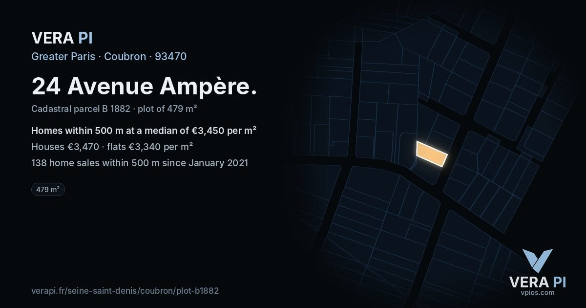 24 Avenue Ampère, Coubron at night – the plot lit, the parcels around coloured by the prices near them