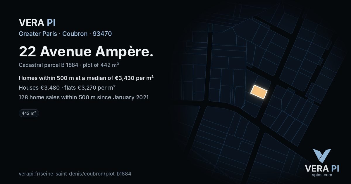 22 Avenue Ampère, Coubron at night – the plot lit, the parcels around coloured by the prices near them