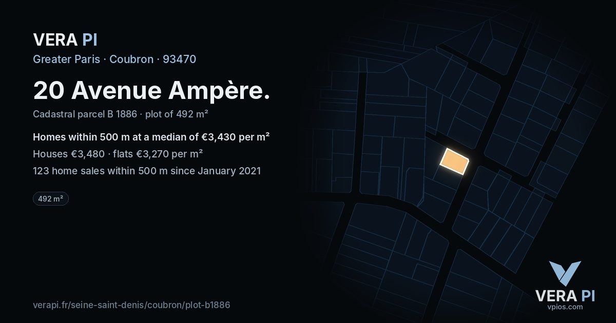 20 Avenue Ampère, Coubron at night – the plot lit, the parcels around coloured by the prices near them
