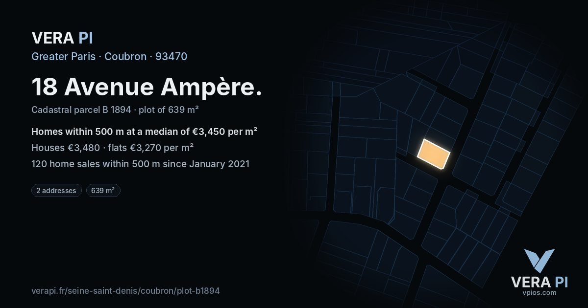 18 Avenue Ampère, Coubron at night – the plot lit, the parcels around coloured by the prices near them