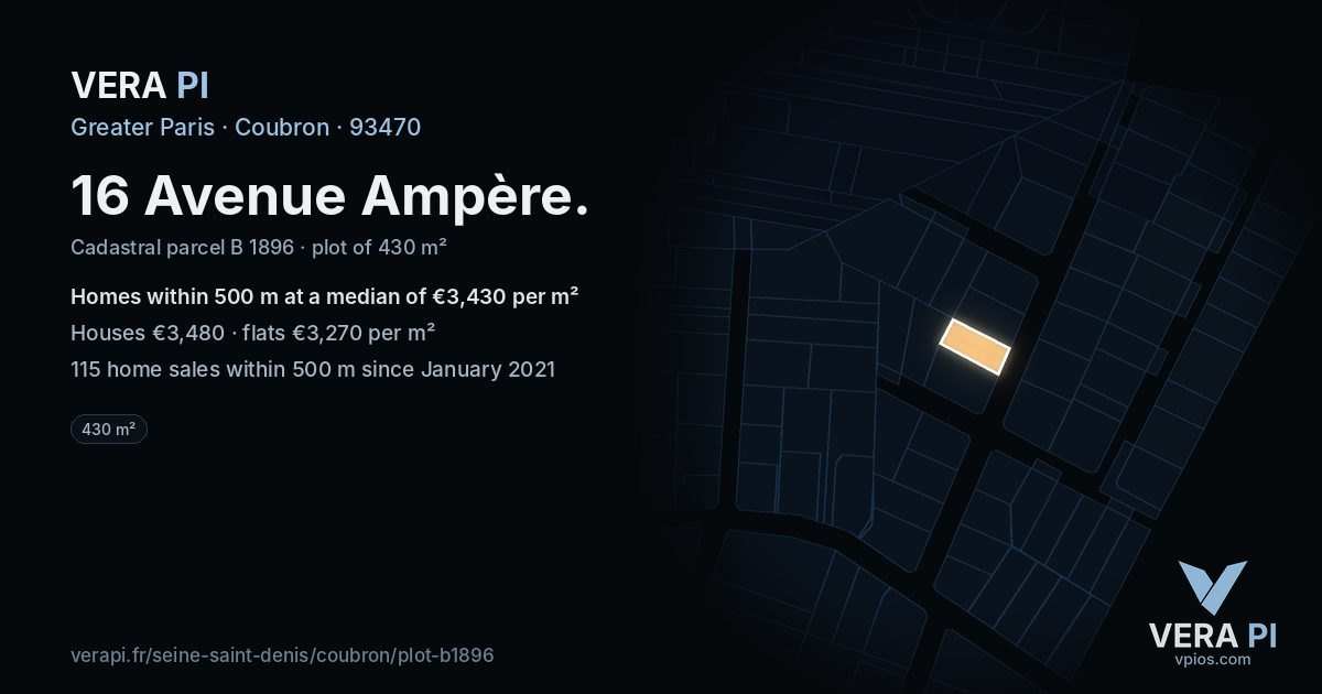 16 Avenue Ampère, Coubron at night – the plot lit, the parcels around coloured by the prices near them
