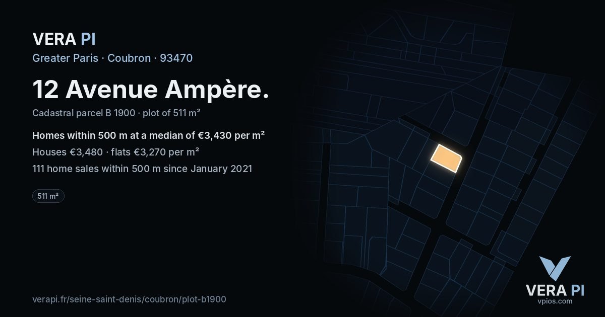 12 Avenue Ampère, Coubron at night – the plot lit, the parcels around coloured by the prices near them
