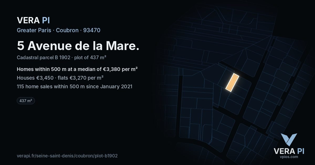 5 Avenue de la Mare, Coubron at night – the plot lit, the parcels around coloured by the prices near them